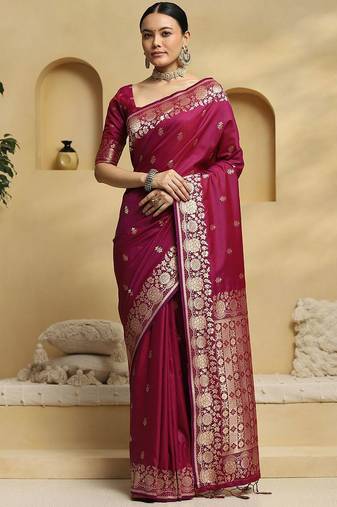 magenta ethnic motifs woven design zari banarasi silk saree with blouse