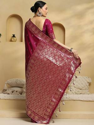 magenta ethnic motifs woven design zari banarasi silk saree with blouse 2