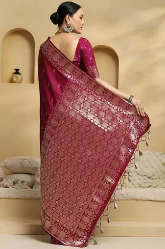 magenta ethnic motifs woven design zari banarasi silk saree with blouse