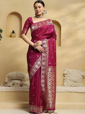 magenta ethnic motifs woven design zari banarasi silk saree with blouse 3