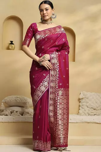 magenta ethnic motifs woven design zari banarasi silk saree with blouse
