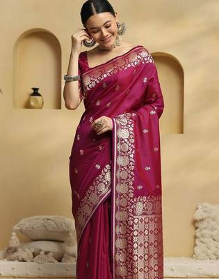 magenta ethnic motifs woven design zari banarasi silk saree with blouse 4