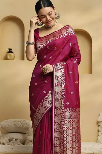 magenta ethnic motifs woven design zari banarasi silk saree with blouse
