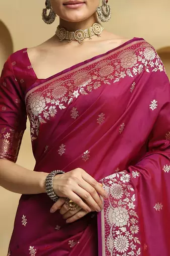 magenta ethnic motifs woven design zari banarasi silk saree with blouse