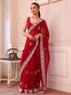 red ethnic motifs sequinned pure chiffon saree 1