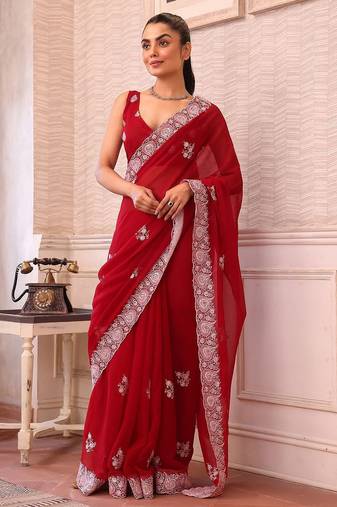 red ethnic motifs sequinned pure chiffon saree