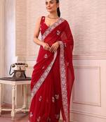 red ethnic motifs sequinned pure chiffon saree
