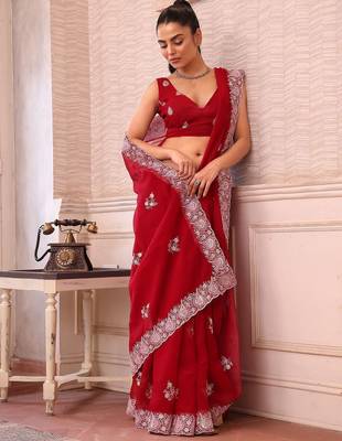 red ethnic motifs sequinned pure chiffon saree 2