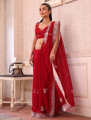 red ethnic motifs sequinned pure chiffon saree 3