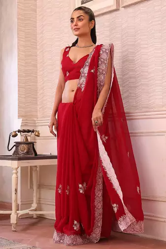 red ethnic motifs sequinned pure chiffon saree