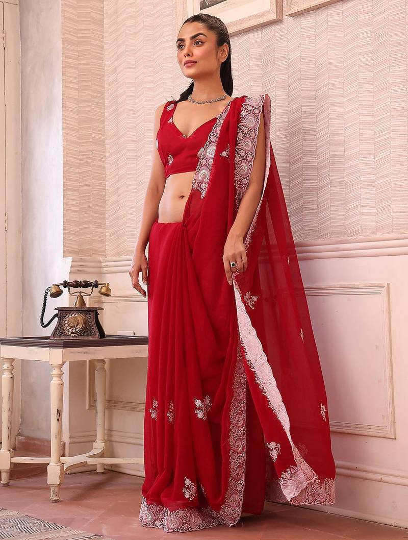 red ethnic motifs sequinned pure chiffon saree