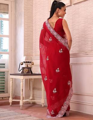 red ethnic motifs sequinned pure chiffon saree 4