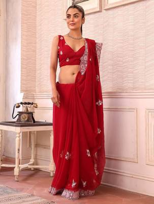 red ethnic motifs sequinned pure chiffon saree 5