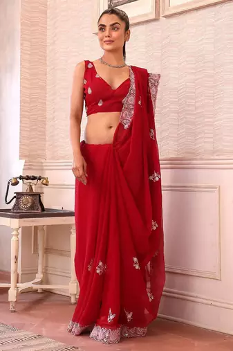 red ethnic motifs sequinned pure chiffon saree