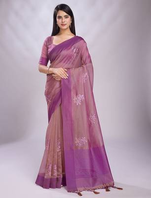 pink embellished embroidered organza saree 1