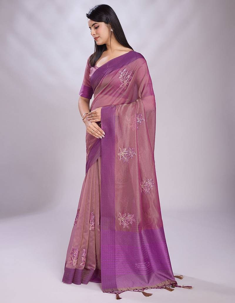 pink embellished embroidered organza saree