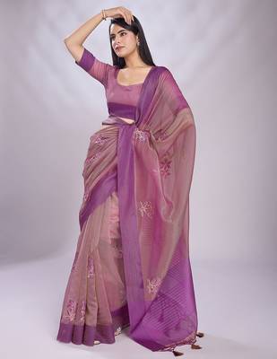 pink embellished embroidered organza saree 4
