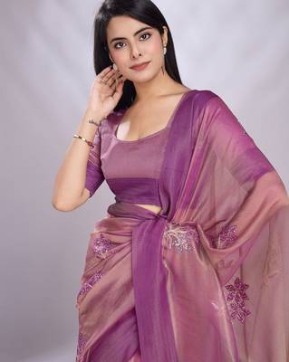 pink embellished embroidered organza saree 5