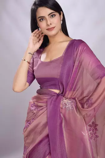 pink embellished embroidered organza saree