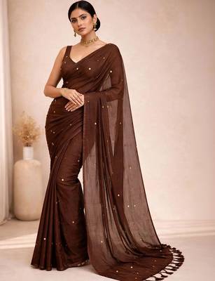 brown mirror work pure cotton handloom khadi saree 1