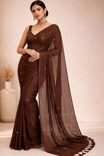 brown mirror work pure cotton handloom khadi saree