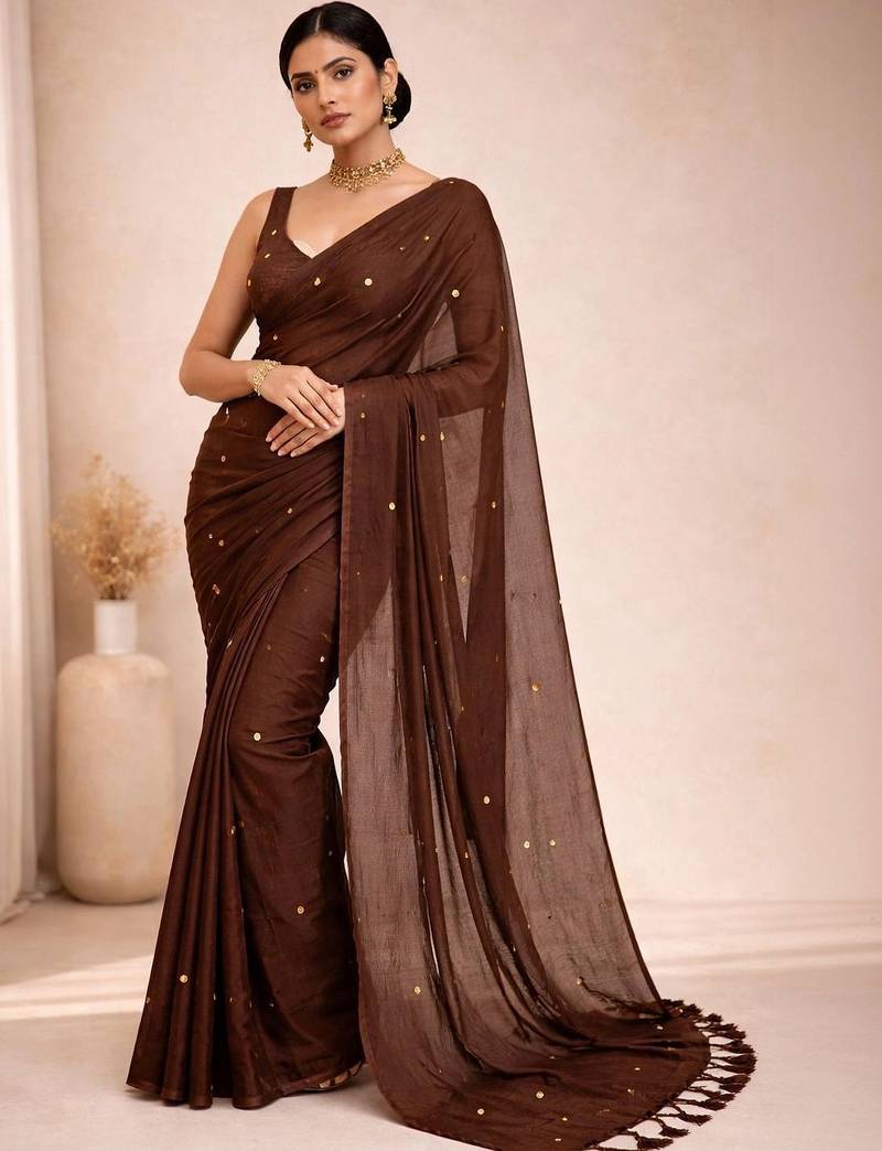 brown mirror work pure cotton handloom khadi saree