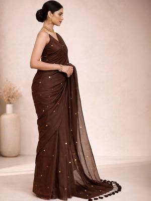 brown mirror work pure cotton handloom khadi saree 2