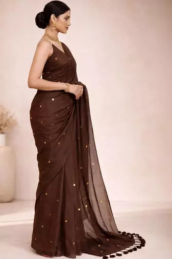 brown mirror work pure cotton handloom khadi saree
