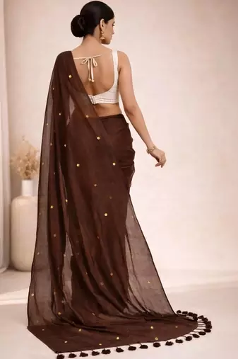 brown mirror work pure cotton handloom khadi saree