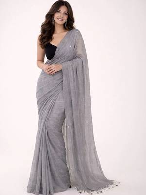 grey mirror work pure cotton handloom khadi saree 1