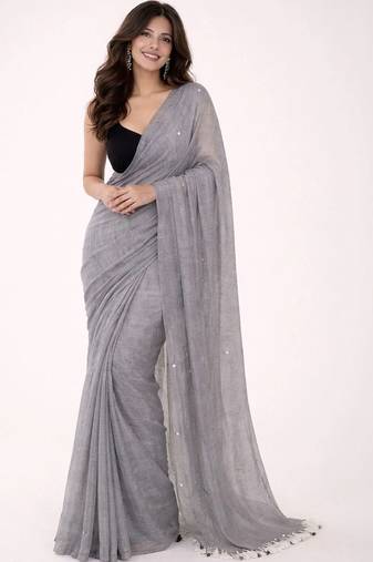 grey mirror work pure cotton handloom khadi saree