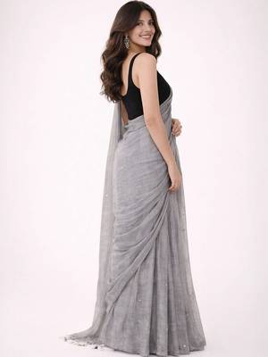 grey mirror work pure cotton handloom khadi saree 3