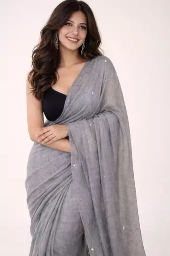 grey mirror work pure cotton handloom khadi saree