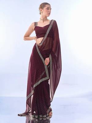 burgundy burgundy embellished beads and stones pure chiffon saree 1