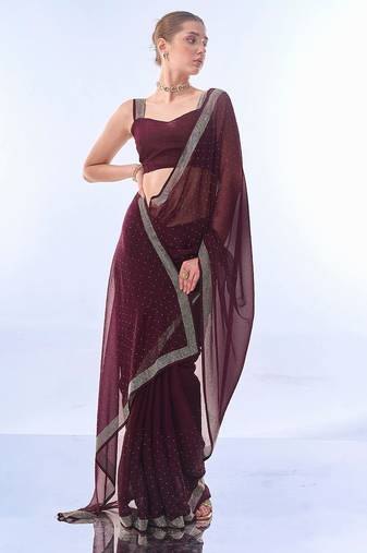 burgundy burgundy embellished beads and stones pure chiffon saree