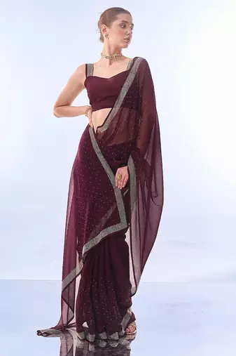 burgundy burgundy embellished beads and stones pure chiffon saree