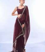 burgundy burgundy embellished beads and stones pure chiffon saree
