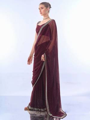 burgundy burgundy embellished beads and stones pure chiffon saree 2