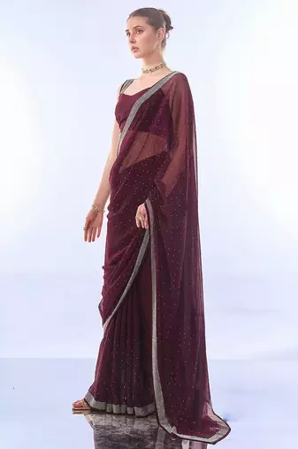 burgundy burgundy embellished beads and stones pure chiffon saree