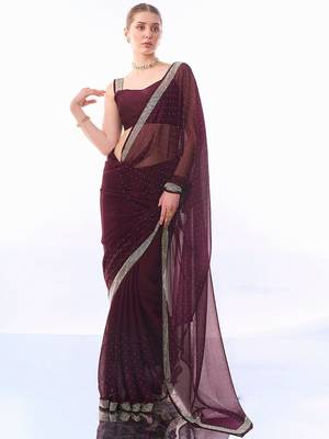 burgundy burgundy embellished beads and stones pure chiffon saree 4