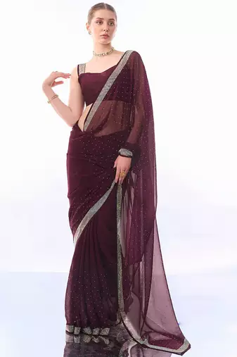 burgundy burgundy embellished beads and stones pure chiffon saree
