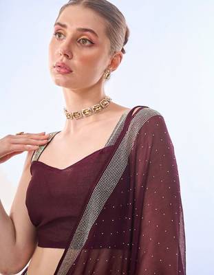 burgundy burgundy embellished beads and stones pure chiffon saree 5