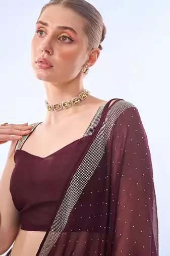 burgundy burgundy embellished beads and stones pure chiffon saree
