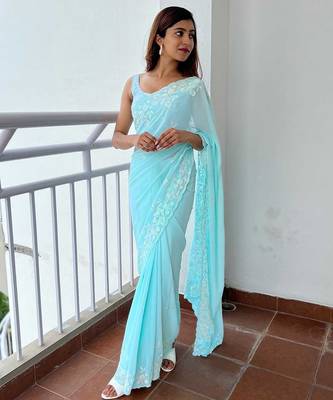 blue blue floral embellished sequinned poly georgette saree 1