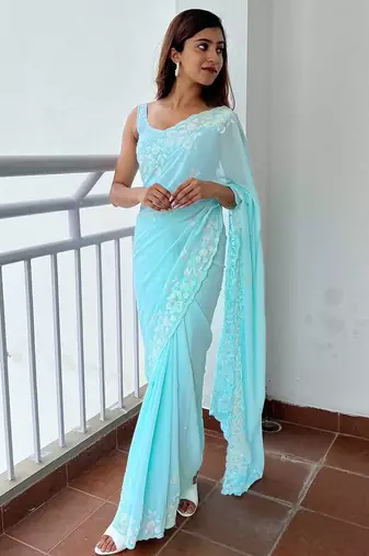 blue blue floral embellished sequinned poly georgette saree