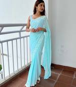 blue blue floral embellished sequinned poly georgette saree