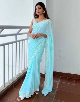 blue blue floral embellished sequinned poly georgette saree 2