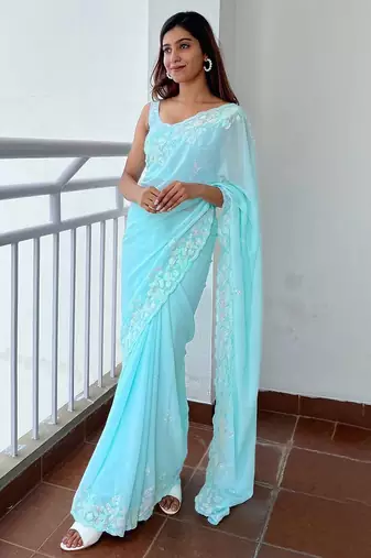 blue blue floral embellished sequinned poly georgette saree
