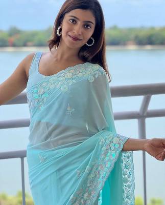 blue blue floral embellished sequinned poly georgette saree 4