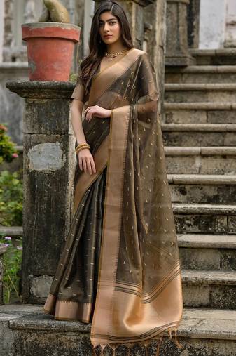 brown woven design zari silk blend saree